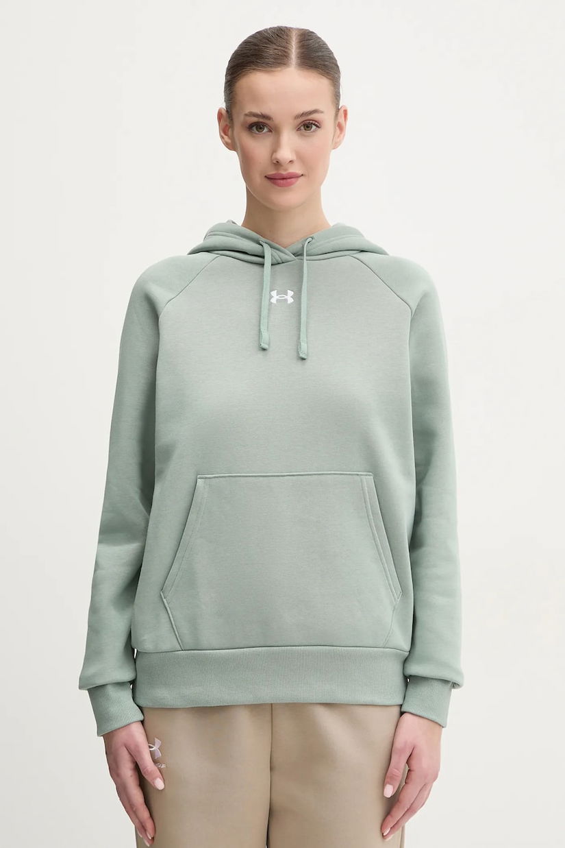 Under Armour bluza femei, culoarea verde, cu glugă, neted
