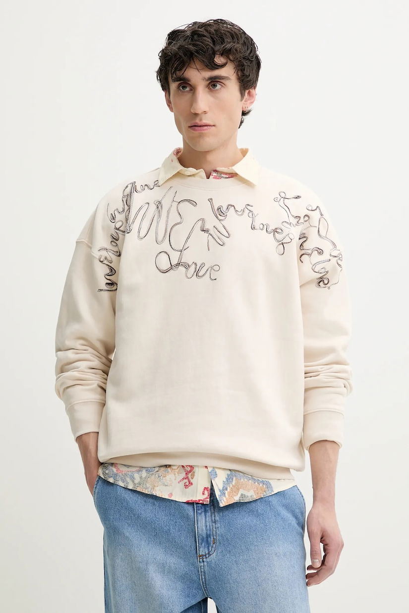 Desigual hanorac de bumbac SEAN barbati, culoarea bej, cu imprimeu, 25SMSK15