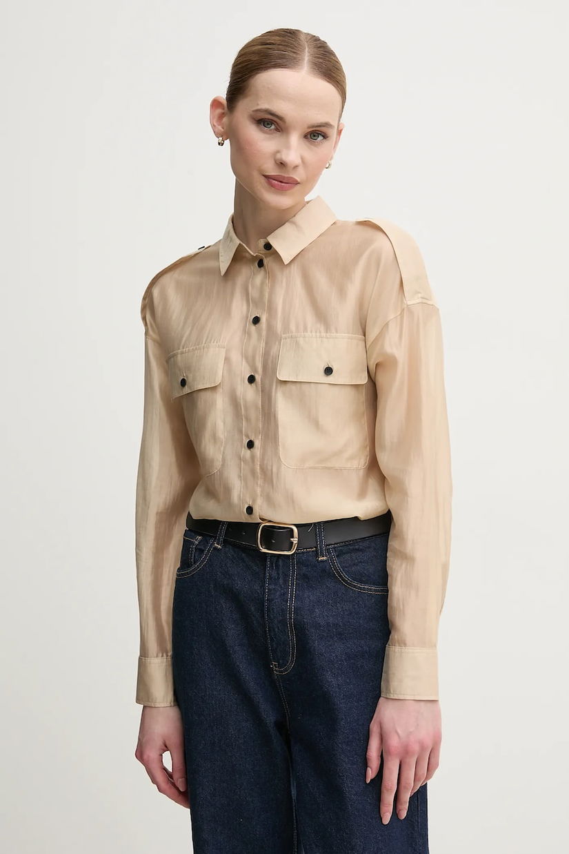 OUI camasa femei, culoarea bej, cu guler clasic, regular, 91884