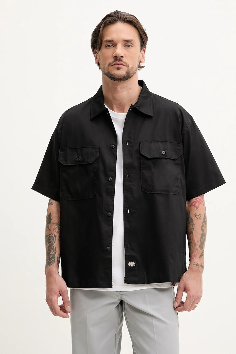 Dickies camasa barbati, culoarea negru, cu guler clasic, relaxed, DK0A4Z7QBLK1