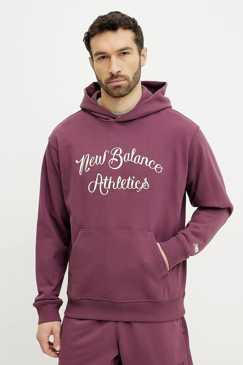 New Balance hanorac de bumbac barbati, culoarea bordo, cu glugă, cu imprimeu, MT51935FDP