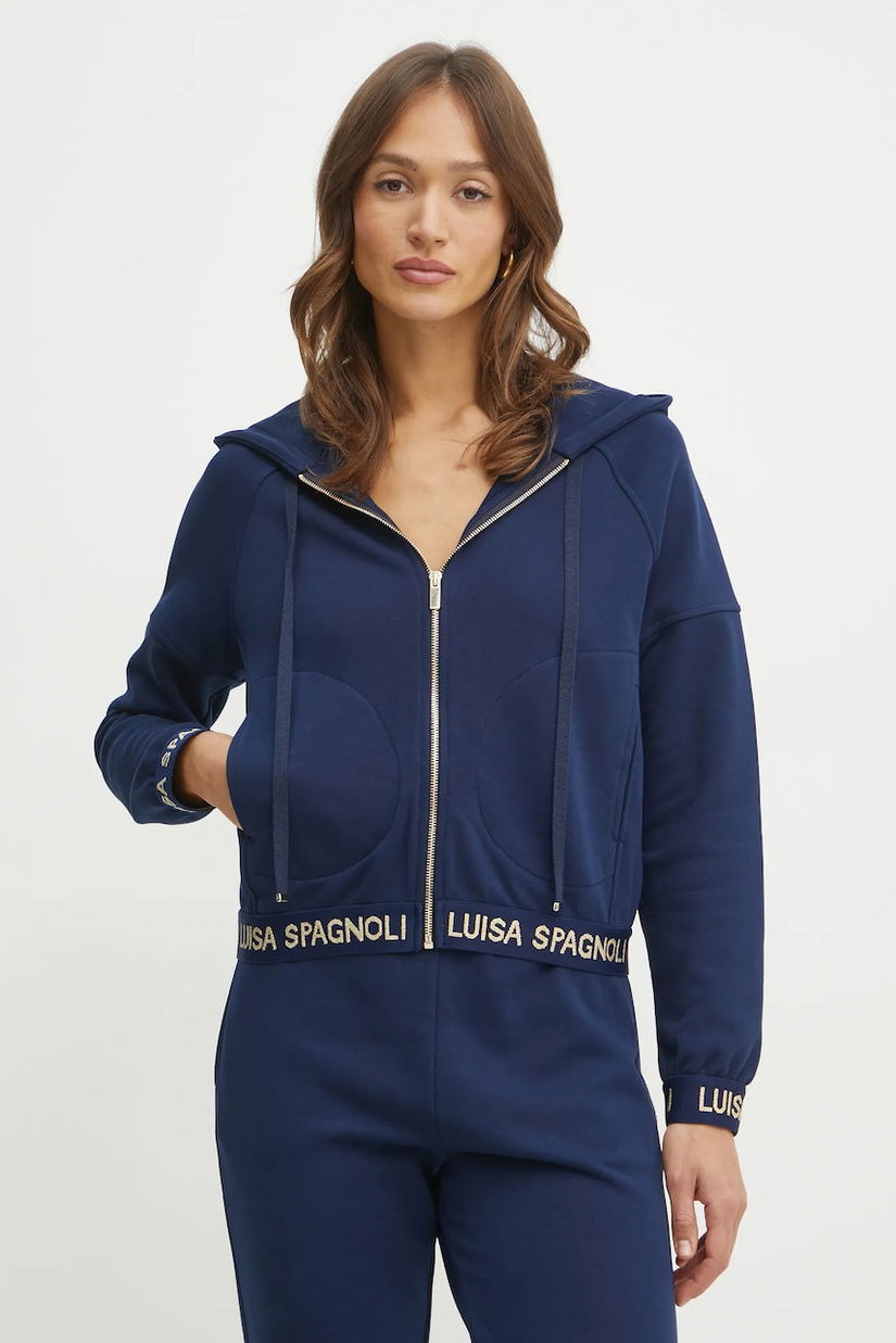 Luisa Spagnoli bluza femei, culoarea albastru marin, cu glugă, neted, 541853