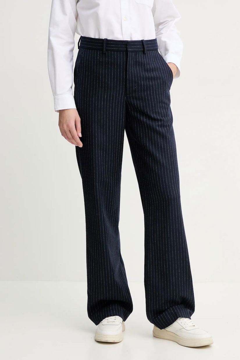 A.P.C. pantaloni de lana pantalon jane femei, culoarea albastru marin, drept, high waist, WOARO.F08467