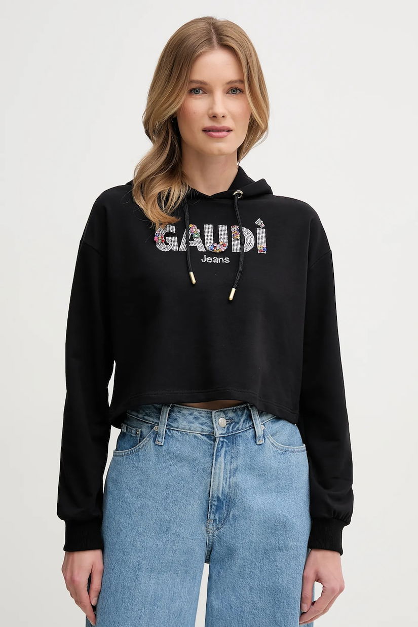 Gaudi bluza femei, culoarea negru, cu glugă, cu imprimeu, 511BD64033
