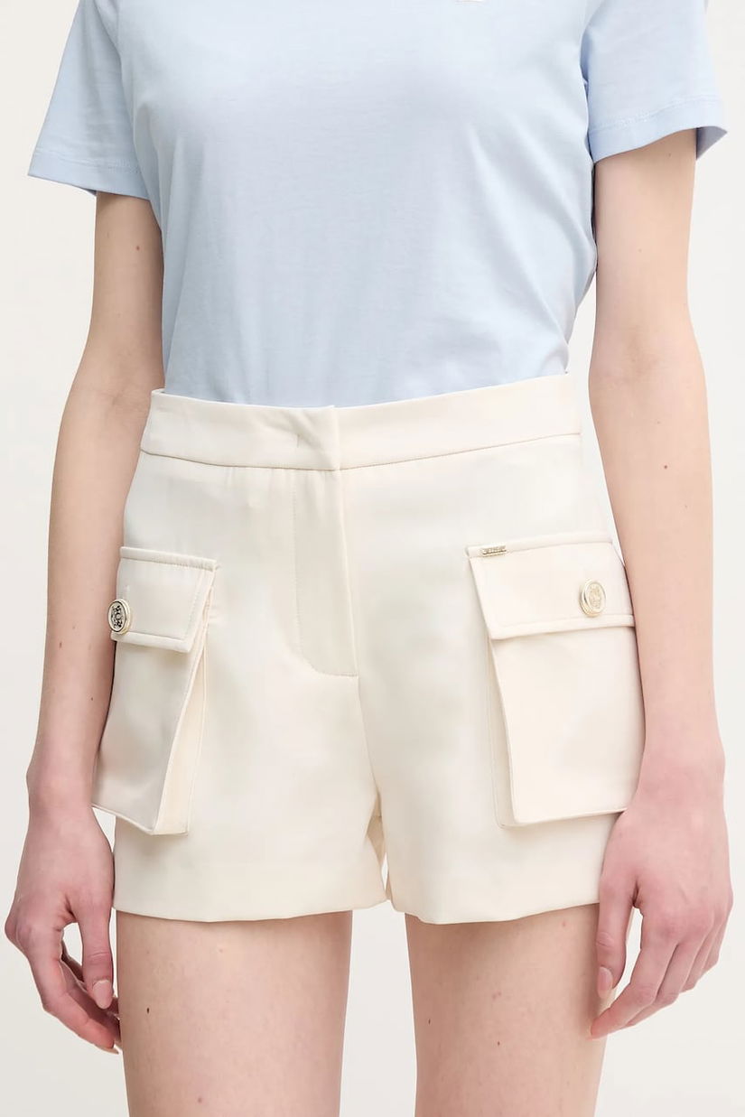 Gaudi pantaloni scurti femei, culoarea bej, neted, high waist, 511FD25023