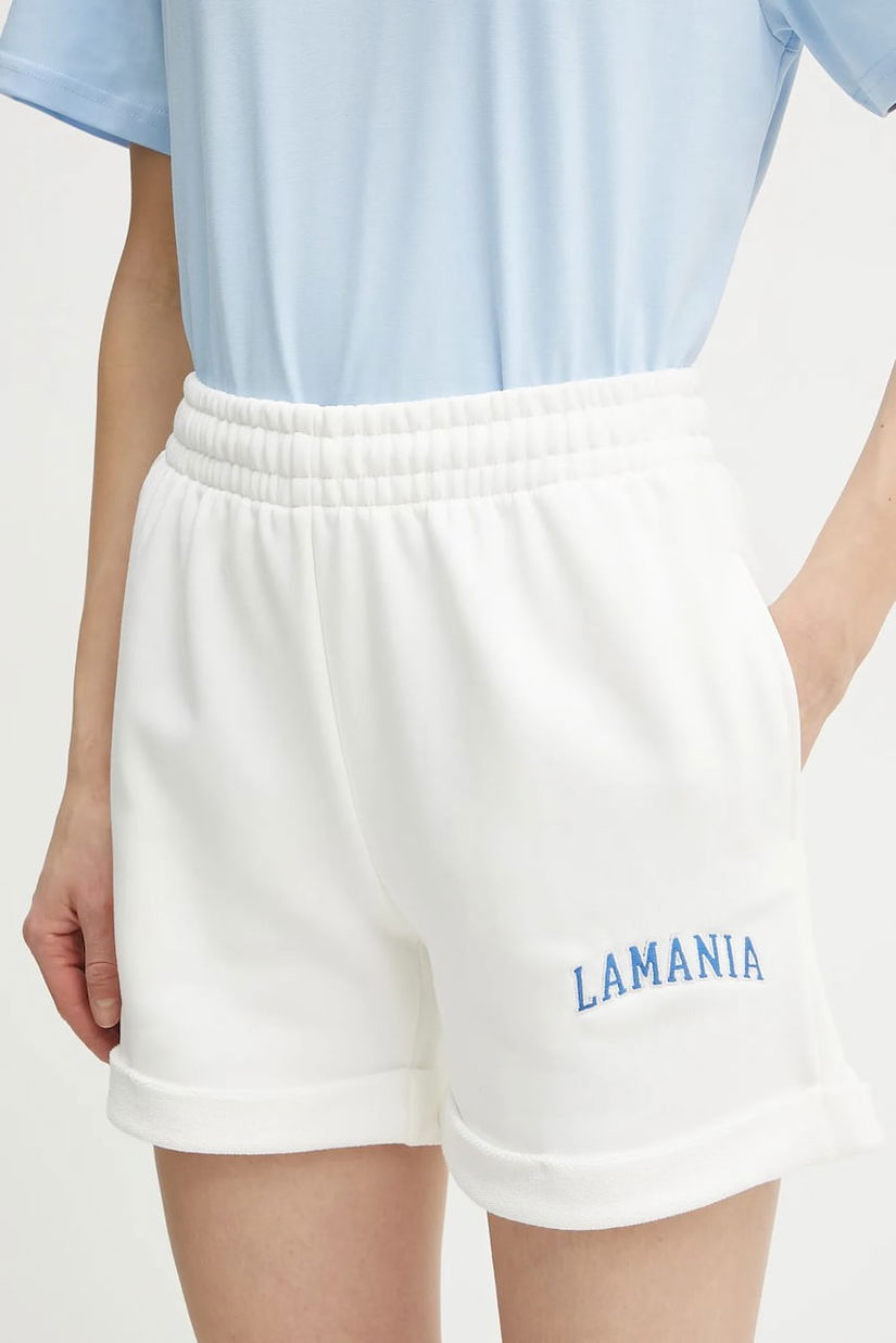 La Mania pantaloni scurti femei, culoarea alb, cu imprimeu, high waist, JUNGLE