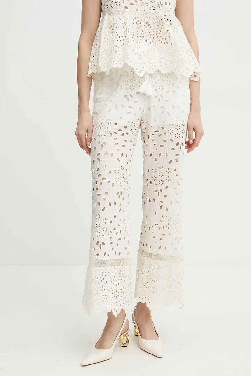 Ermanno Scervino pantaloni de bumbac femei, culoarea alb, evazati, high waist, 56TP007EN3