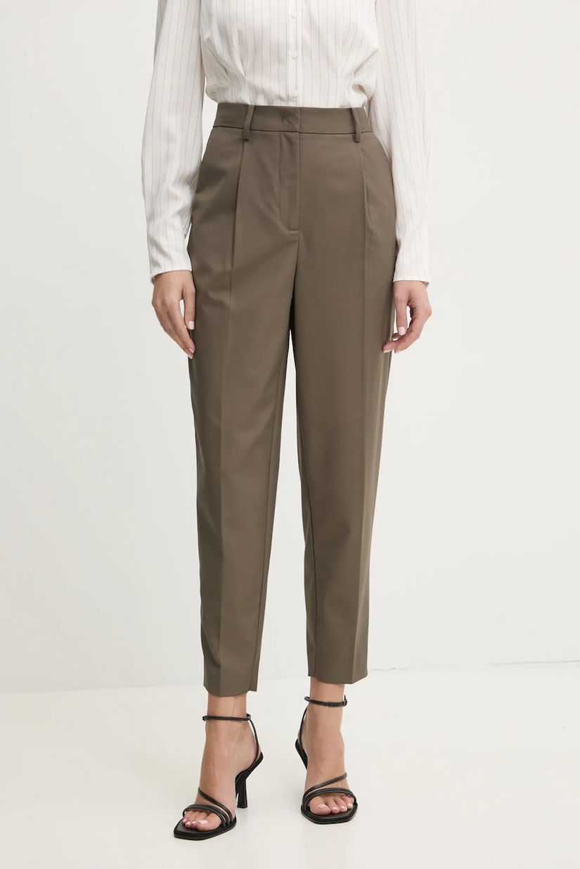 Bruuns Bazaar pantaloni femei, culoarea verde, fason tigareta, high waist, BBW4382