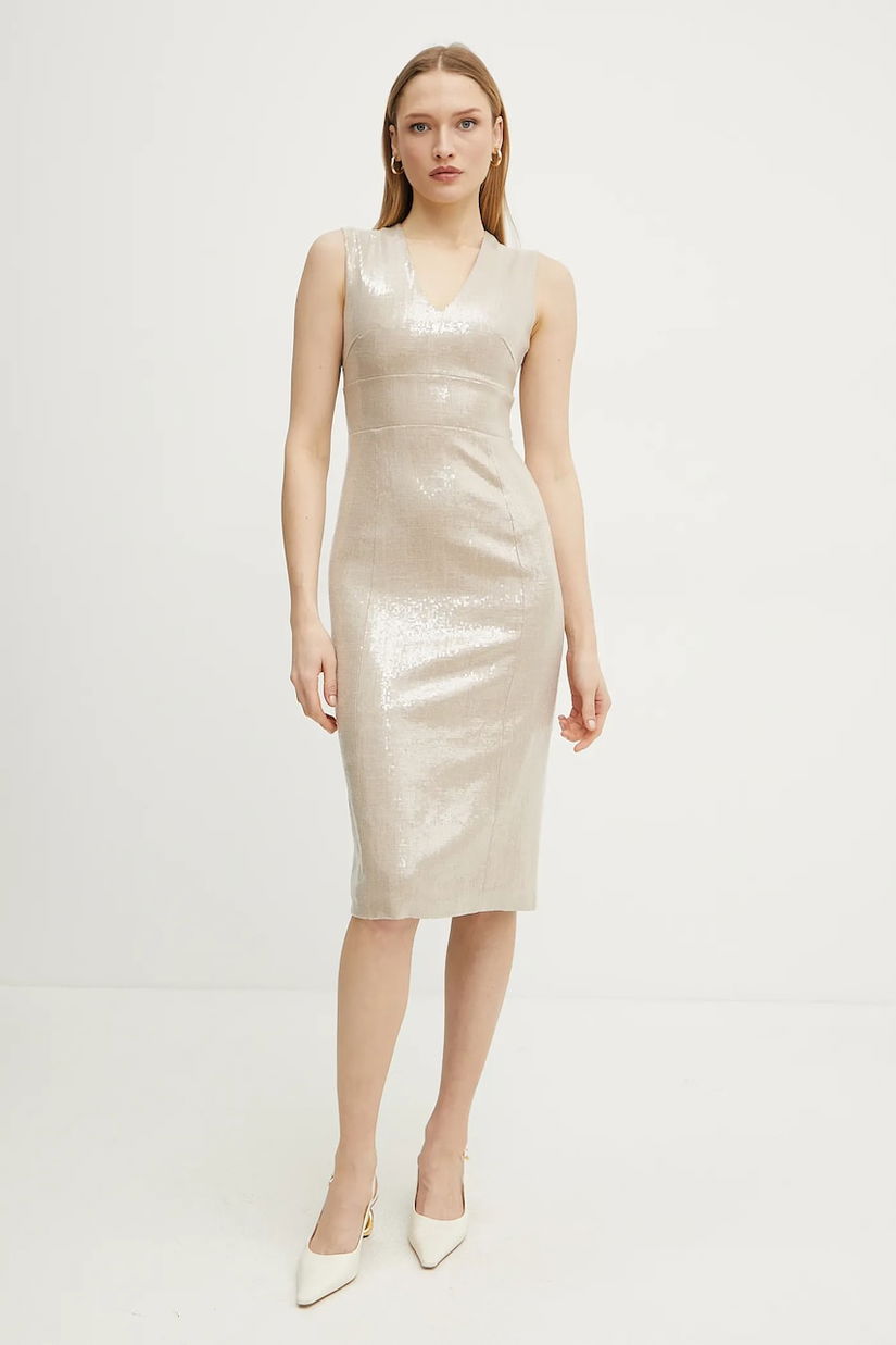 Silvian Heach rochie din amestec de in PORIM culoarea bej, midi, mulată, CVP25088VE