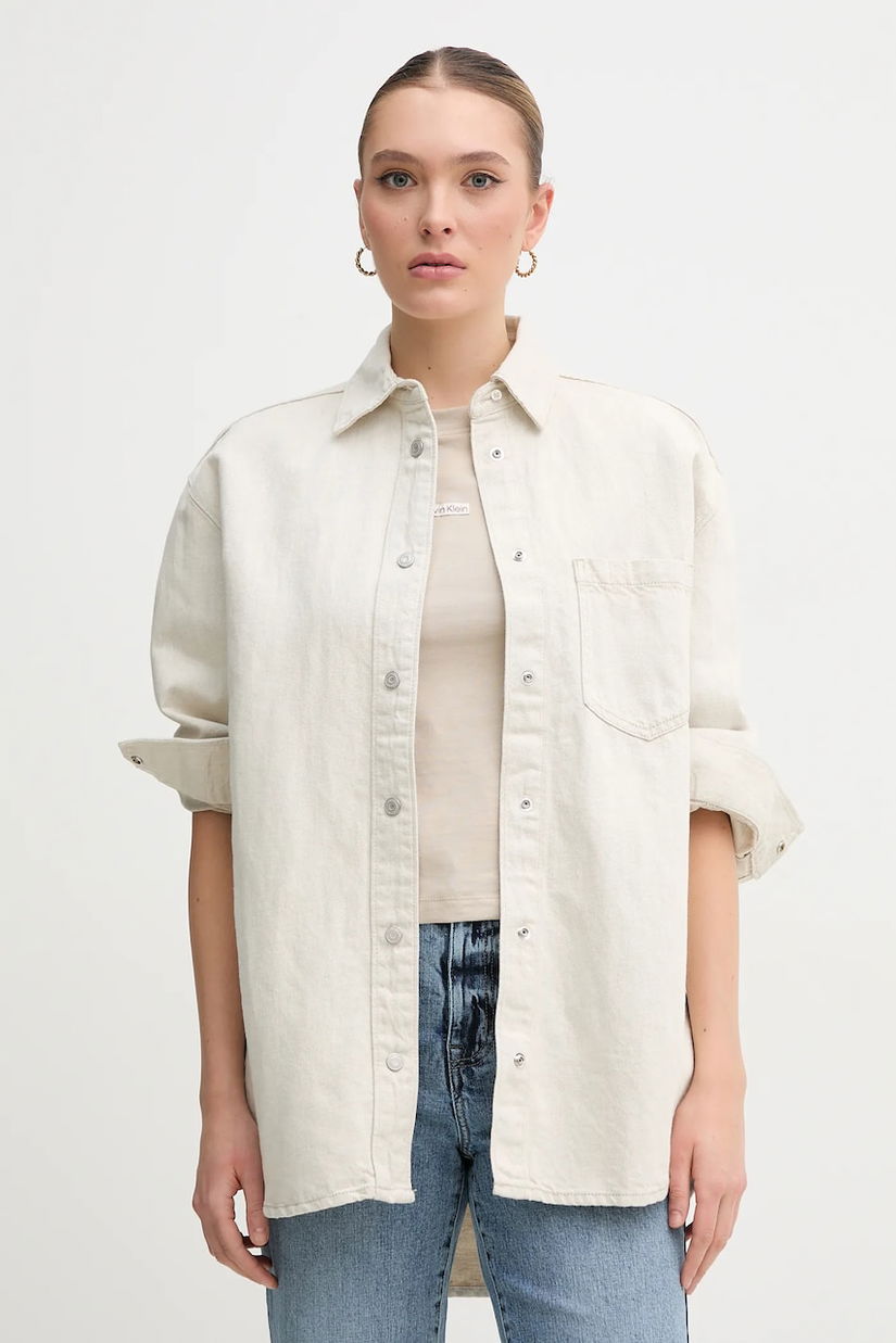 Pepe Jeans camasa jeans OVERSHIRT femei, culoarea bej, cu guler clasic, relaxed, PL304963TC9