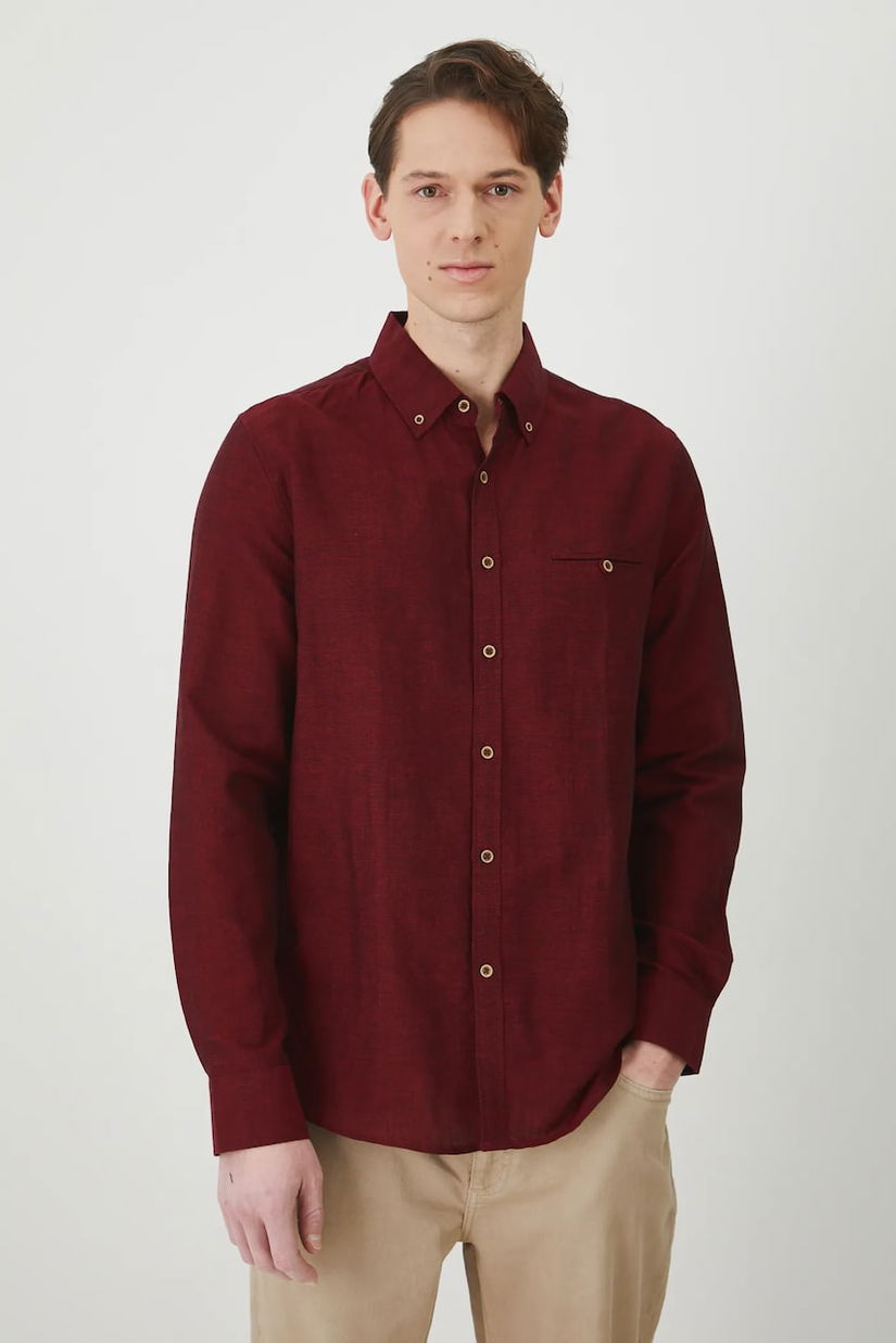 Medicine camasa de in barbati, culoarea bordo, cu guler button-down, regular