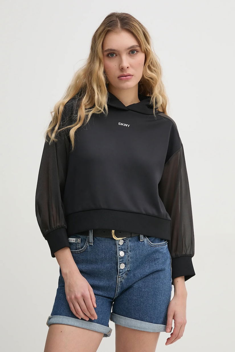 Dkny bluza femei, culoarea negru, cu glugă, cu imprimeu, P4BHSWSH