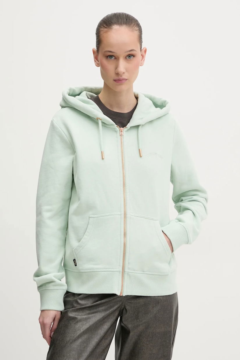 Superdry hanorac de bumbac femei, culoarea verde, cu glugă, neted, W2012358A-1WM