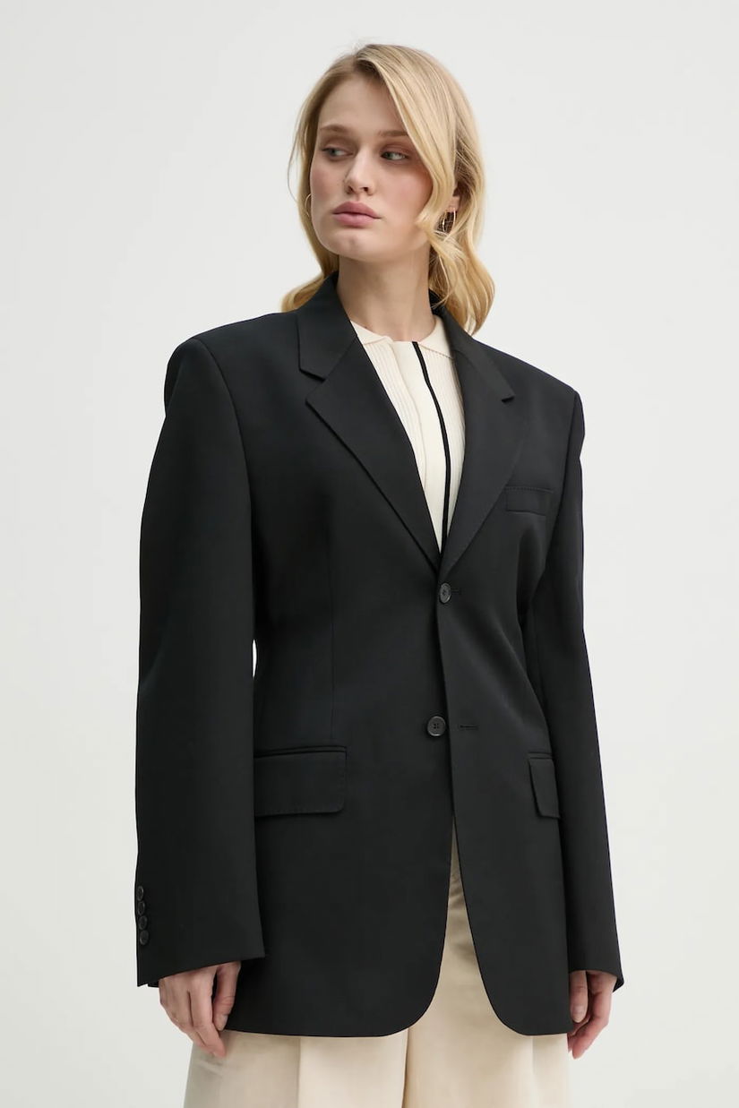 Filippa K sacou din lana culoarea negru, un singur rand de nasturi, neted, 31533