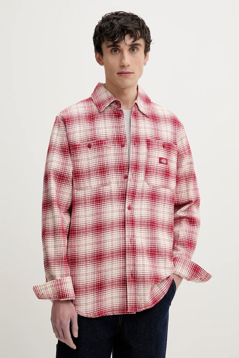 Dickies camasa din bumbac barbati, culoarea rosu, cu guler clasic, relaxed, DK0A4XGT0ER1