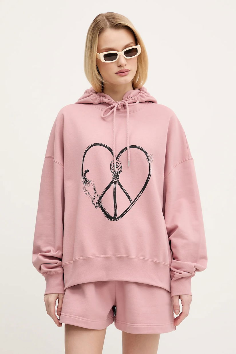 Moschino Jeans hanorac de bumbac femei, culoarea roz, cu glugă, cu imprimeu, 1708 3228