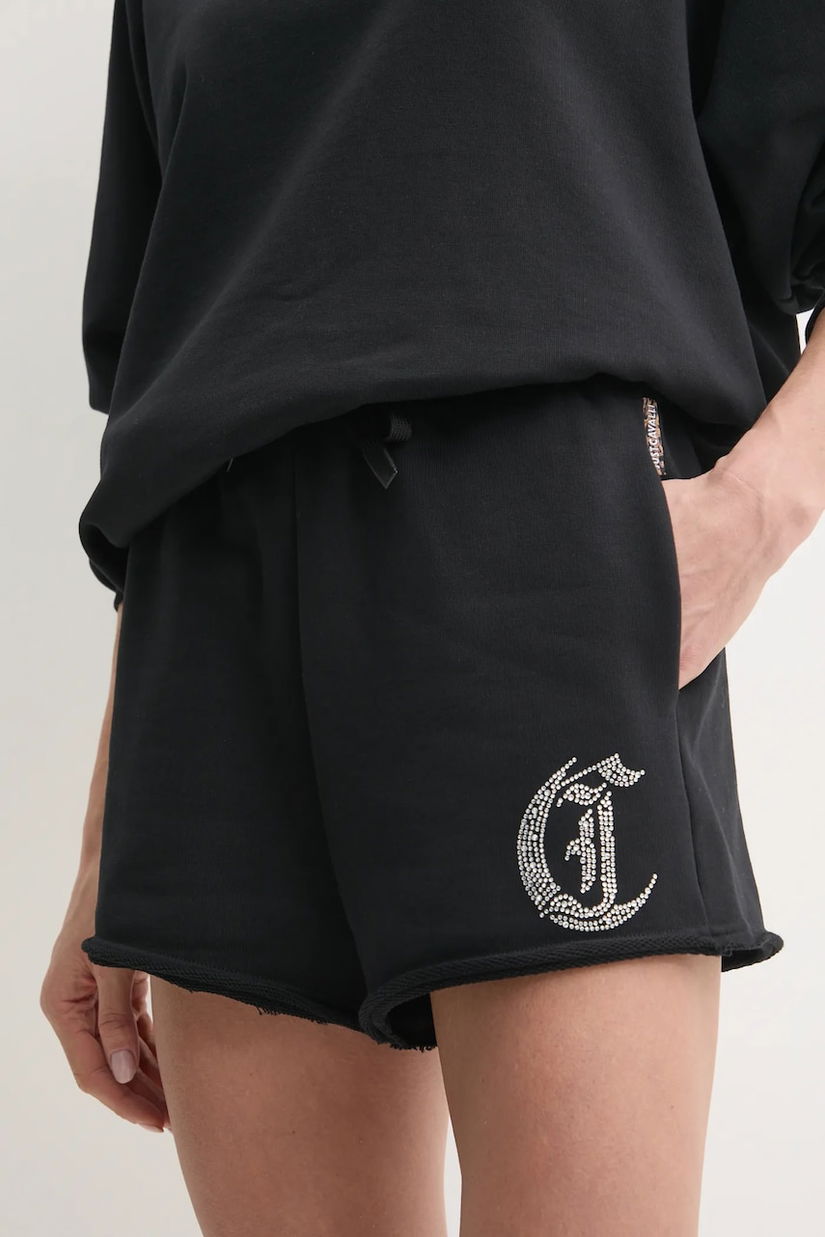 Just Cavalli pantaloni scurți din bumbac femei, culoarea negru, cu imprimeu, high waist, 78PADE08 CF100