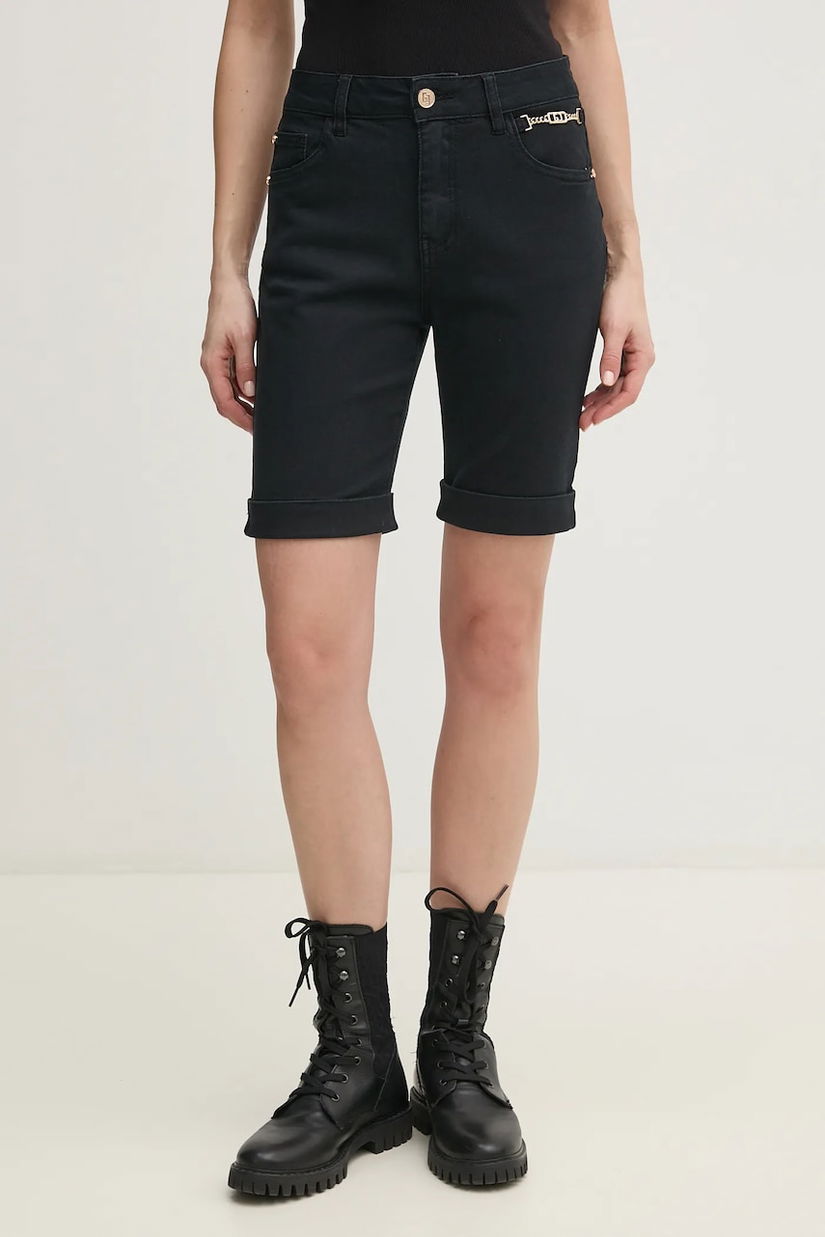 Gaudi pantaloni scurți jeans femei, culoarea negru, uni, high waist, 511BD25019