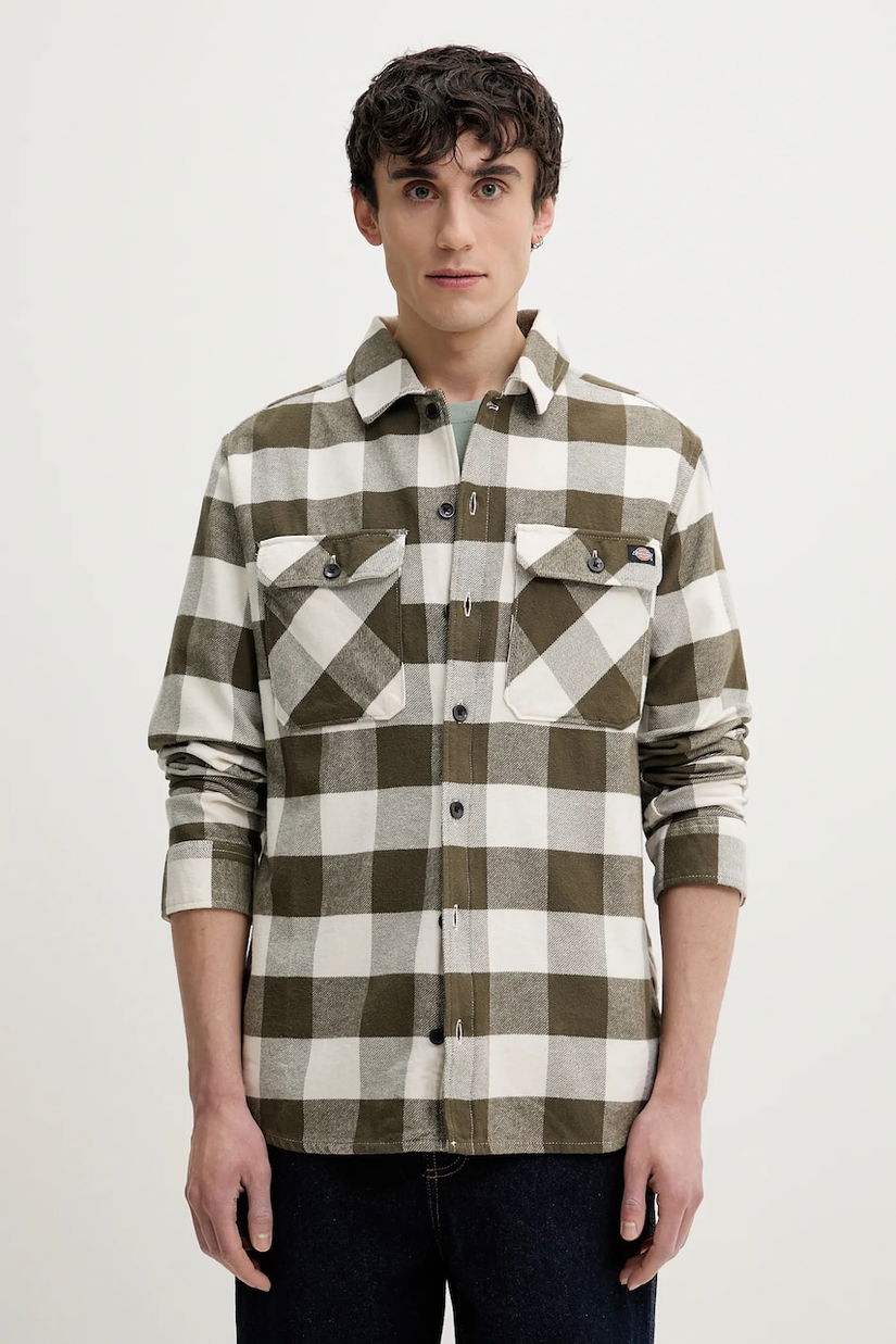 Dickies cămașă bărbați, culoarea verde, cu guler clasic, relaxed, DK0A4XDZC481