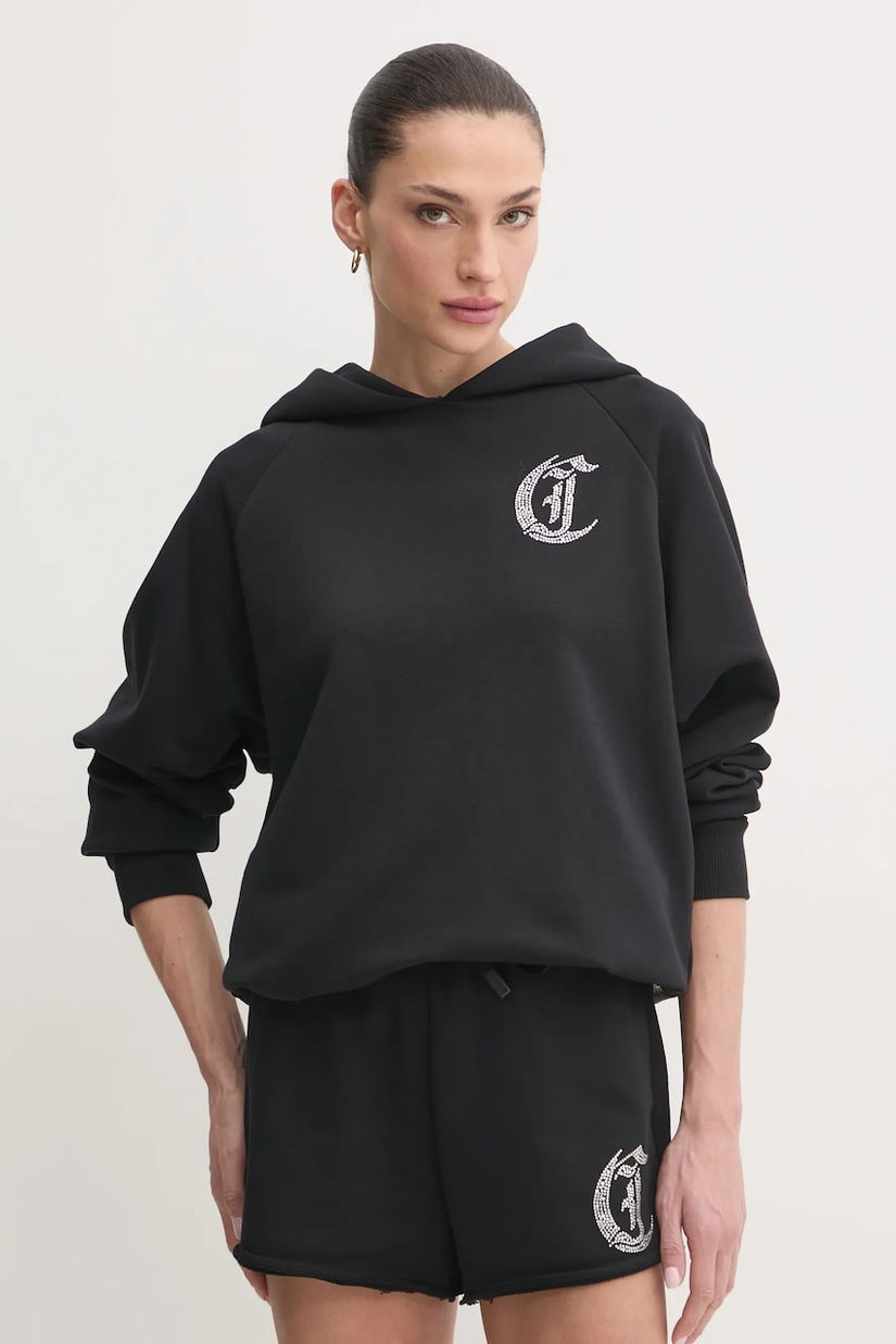 Just Cavalli hanorac de bumbac femei, culoarea negru, cu glugă, cu imprimeu, 78PAIE08 CF100