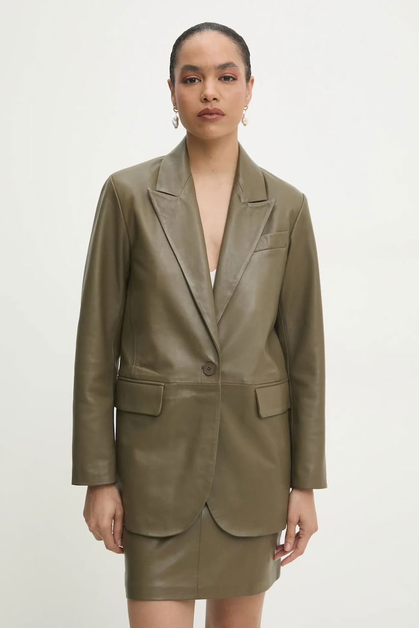 Answear Lab sacou de piele culoarea verde, un singur rand de nasturi, neted