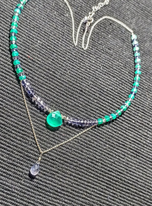 Colier argint iolit onix verde gradient degrade briolete bicolor minimalist boho chic trendy - Transport gratuit