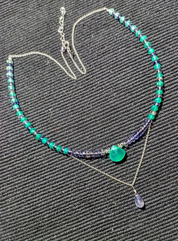 Colier argint iolit onix verde gradient degrade briolete bicolor minimalist boho chic trendy - Transport gratuit