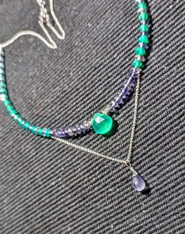 Colier argint iolit onix verde gradient degrade briolete bicolor minimalist boho chic trendy - Transport gratuit