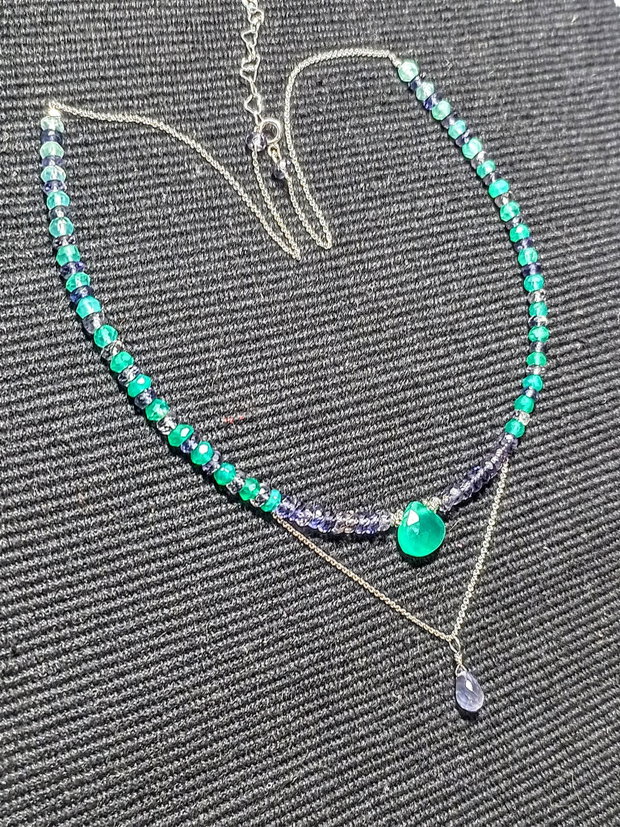 Colier argint iolit onix verde gradient degrade briolete bicolor minimalist boho chic trendy - Transport gratuit