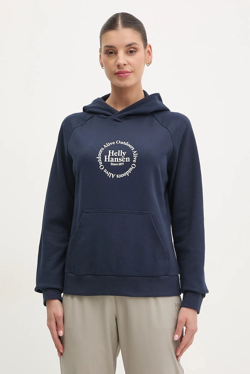 Helly Hansen bluza femei, culoarea albastru marin, cu glugă, cu imprimeu, 54239