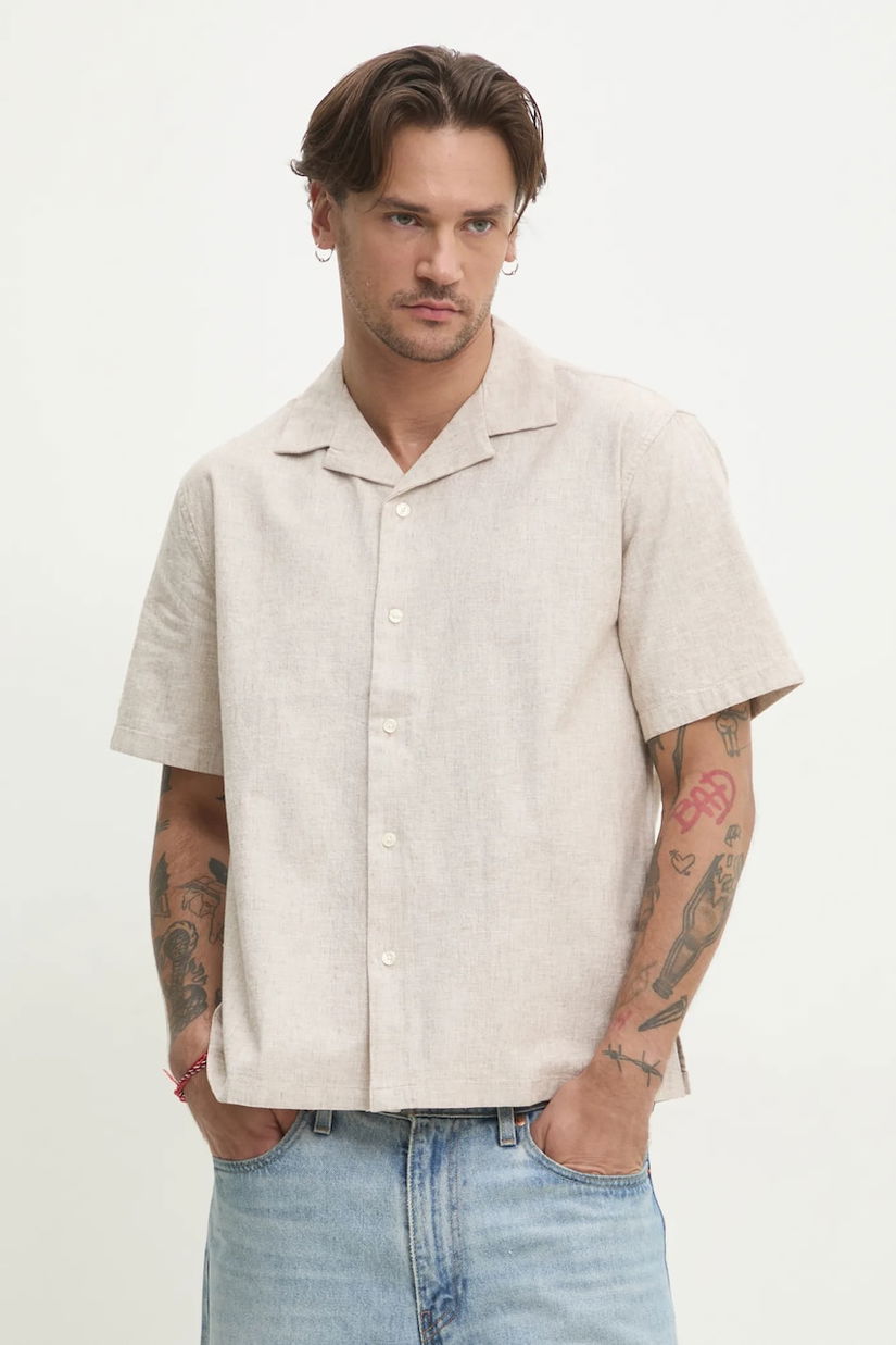 Abercrombie & Fitch camasa din amestec de in barbati, culoarea bej, regular, KI125-5175