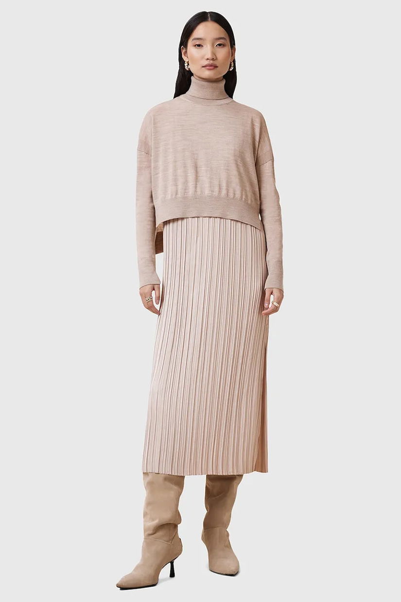 AllSaints rochie si pulover VITTORIA culoarea bej, midi, dreaptă, W030DC