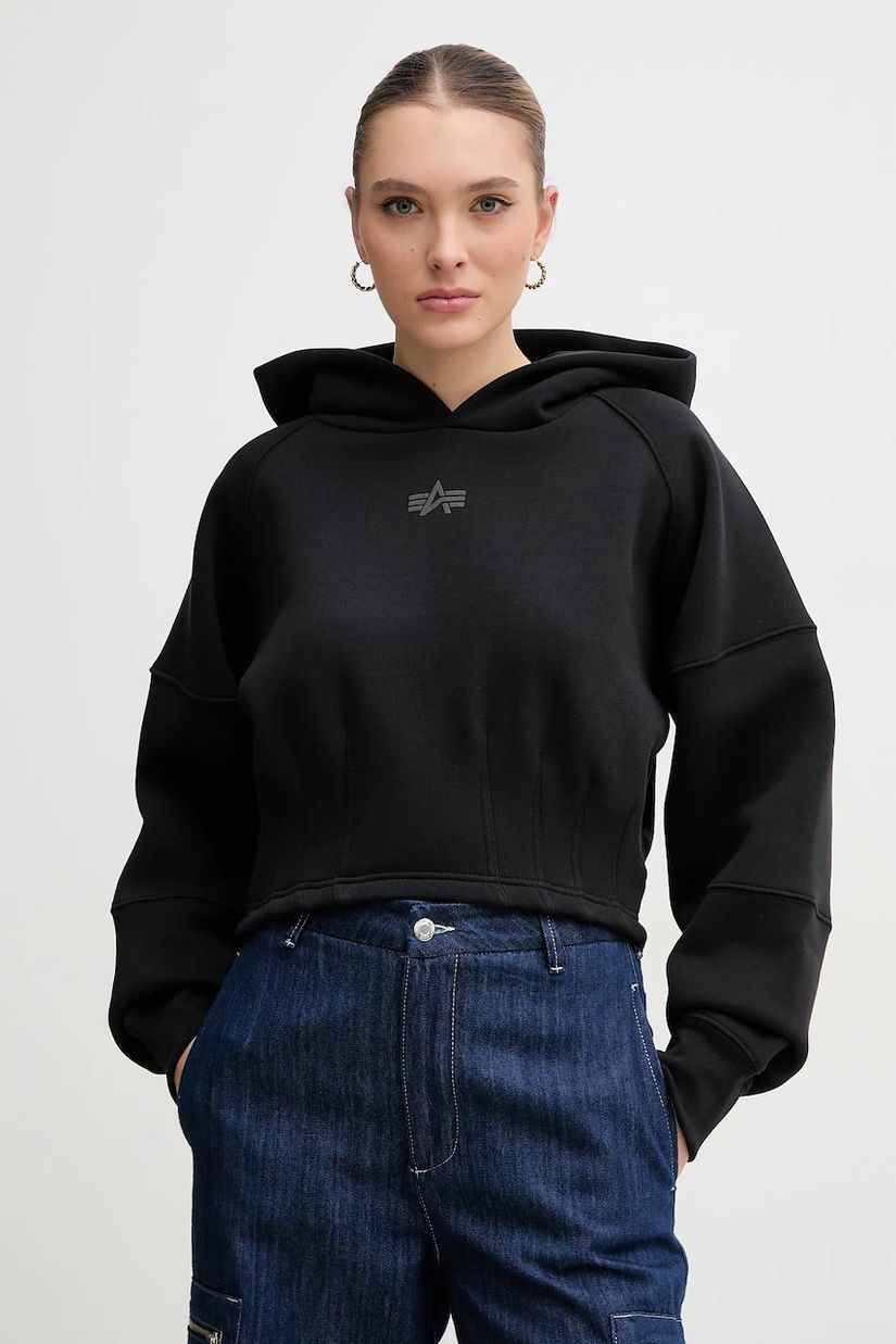 Alpha Industries bluza femei, culoarea negru, cu glugă, cu imprimeu, 148041