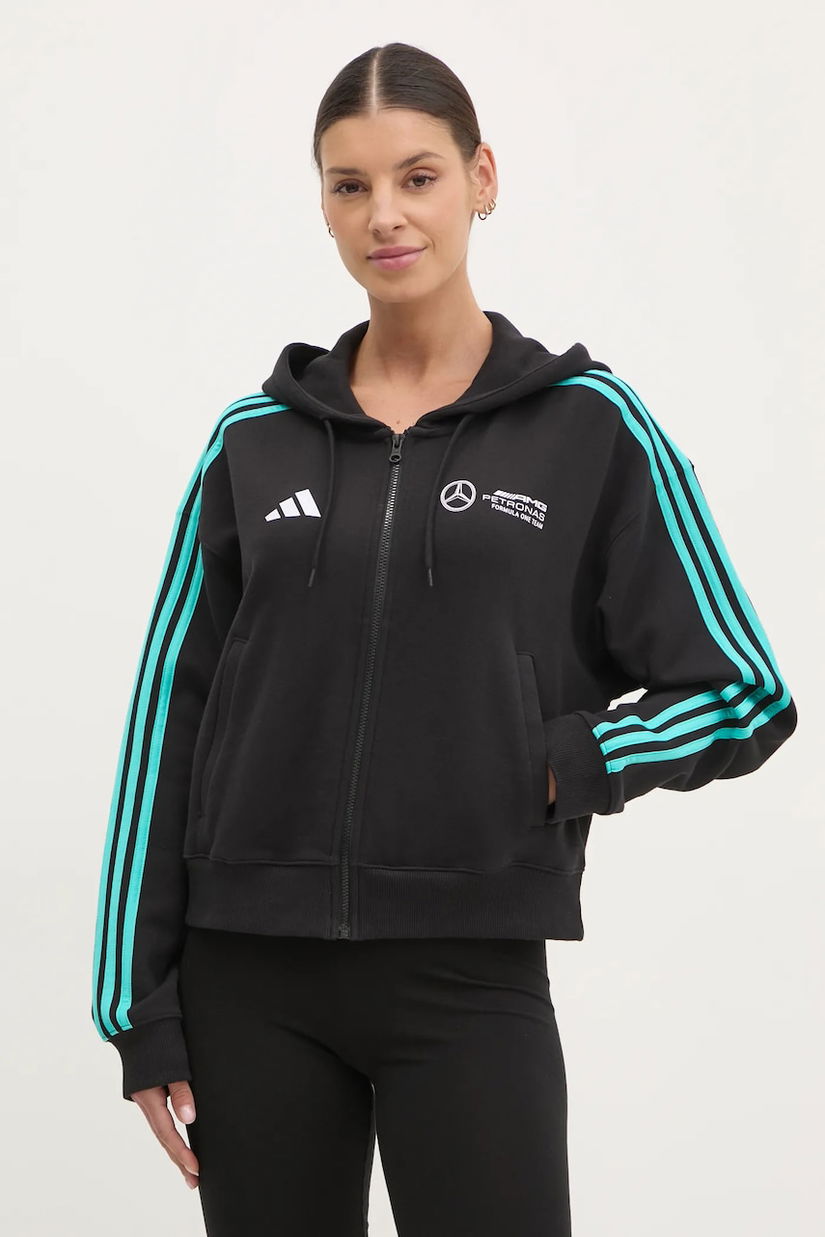 adidas hanorac de bumbac x Mercedes femei, culoarea negru, cu glugă, cu imprimeu, JV5436