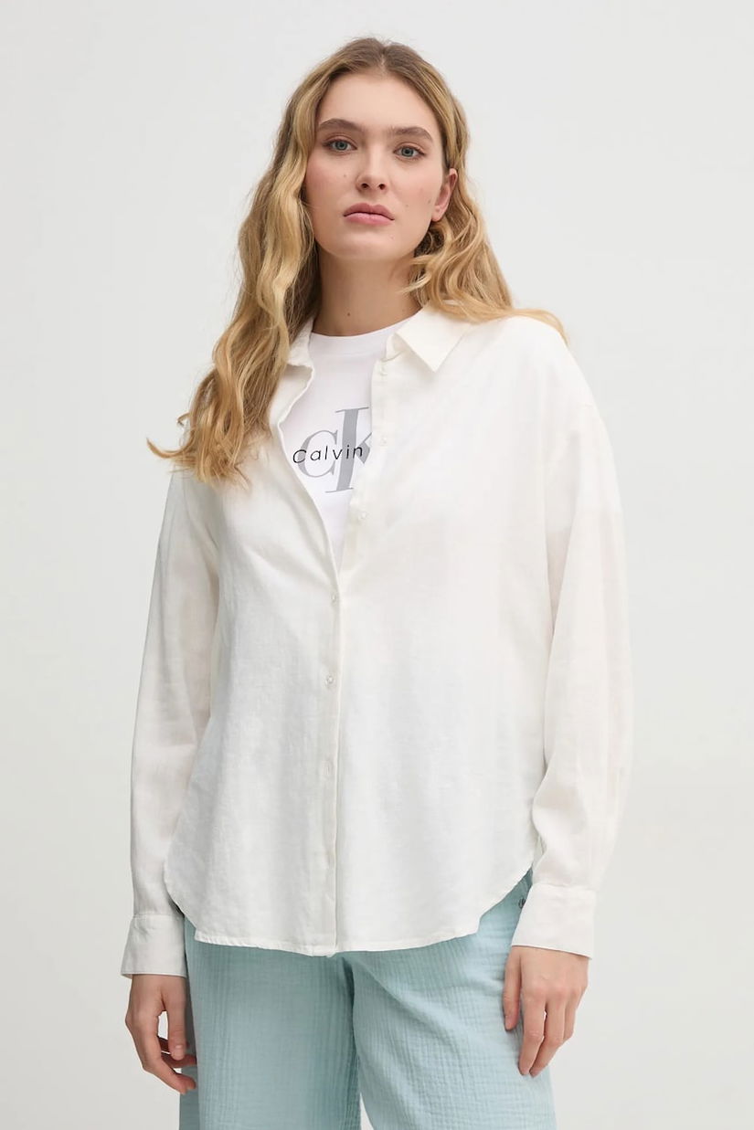 Dkny camasa de in femei, culoarea bej, cu guler clasic, regular, DJ5W2111