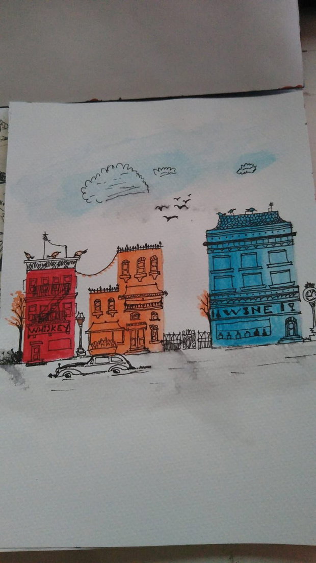 Schita marker cu acrilic "Strada cu cladiri" pe hartie cartonata