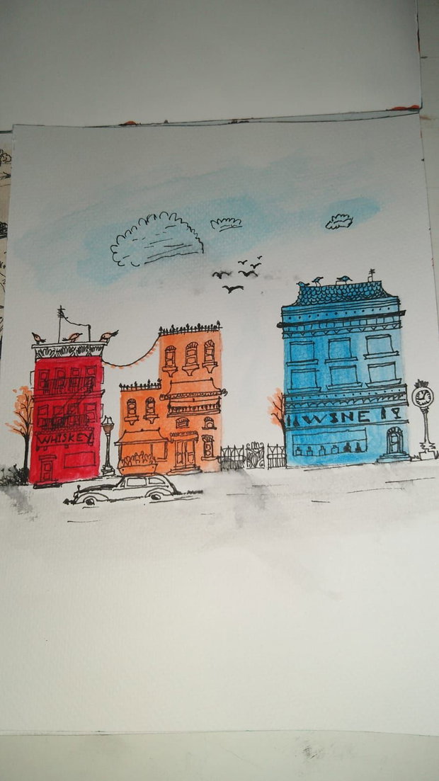 Schita marker cu acrilic "Strada cu cladiri" pe hartie cartonata