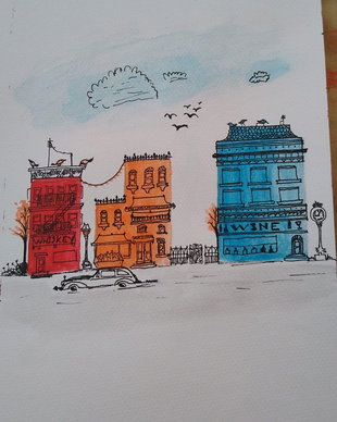 Schita marker cu acrilic "Strada cu cladiri" pe hartie cartonata