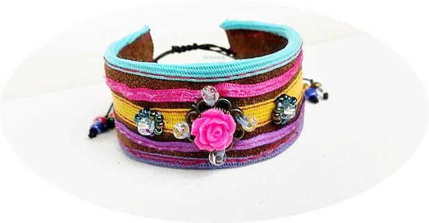 bratara piele multicolor cu trandafir