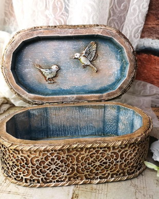 Cutie pentru bijuterii cu pasari, decorata in stil vintage