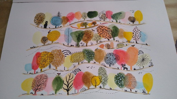 Pictura/schita "Padurea Colorata" cu acrilic si marker pe hartie cartonata.