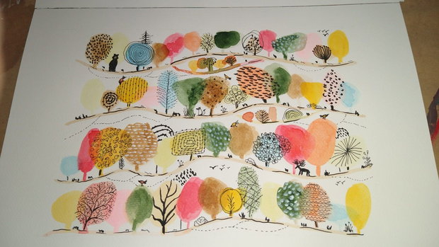 Pictura/schita "Padurea Colorata" cu acrilic si marker pe hartie cartonata.
