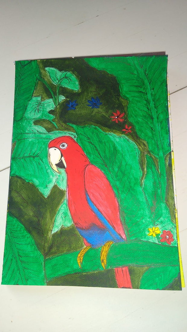 Pictura "Papagal exotic" cu acrilic si marker pe hartie cartonata
