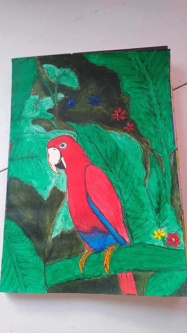 Pictura "Papagal exotic" cu acrilic si marker pe hartie cartonata