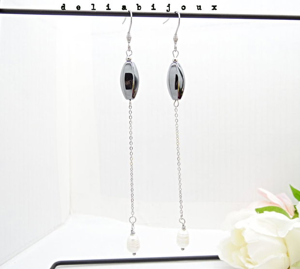 Cercei handmade unicat - hematit si perle (cod1252)