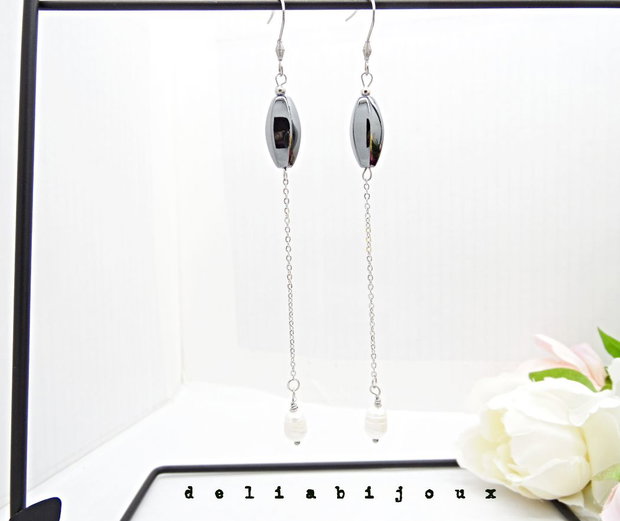 Cercei handmade unicat - hematit si perle (cod1252)