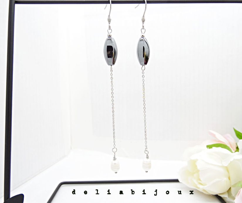 Cercei handmade unicat - hematit si perle (cod1252)