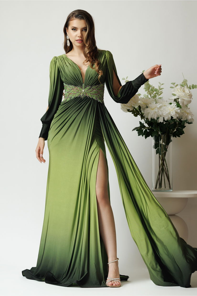 Rochie lunga eleganta din lycra verde in degradee cu strasuri in talie