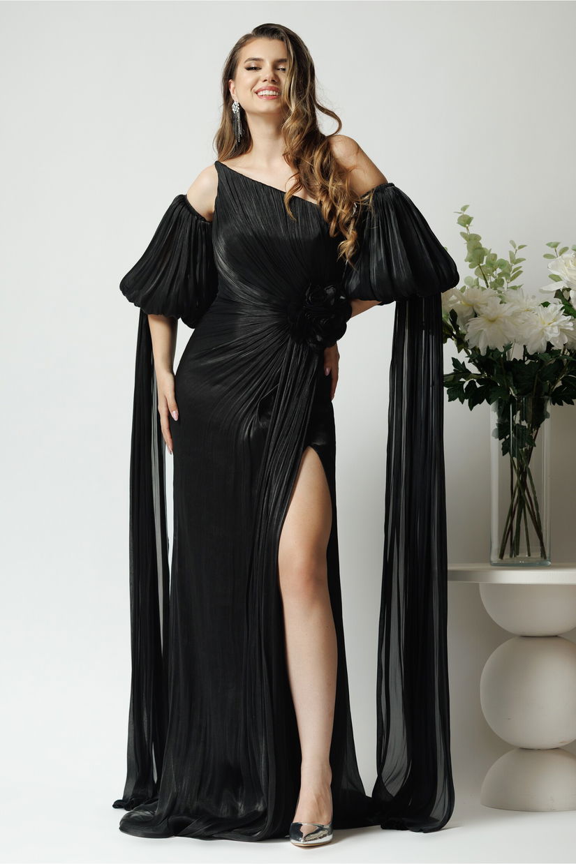 Rochie lunga de ocazie din voal neagra cu maneci ample