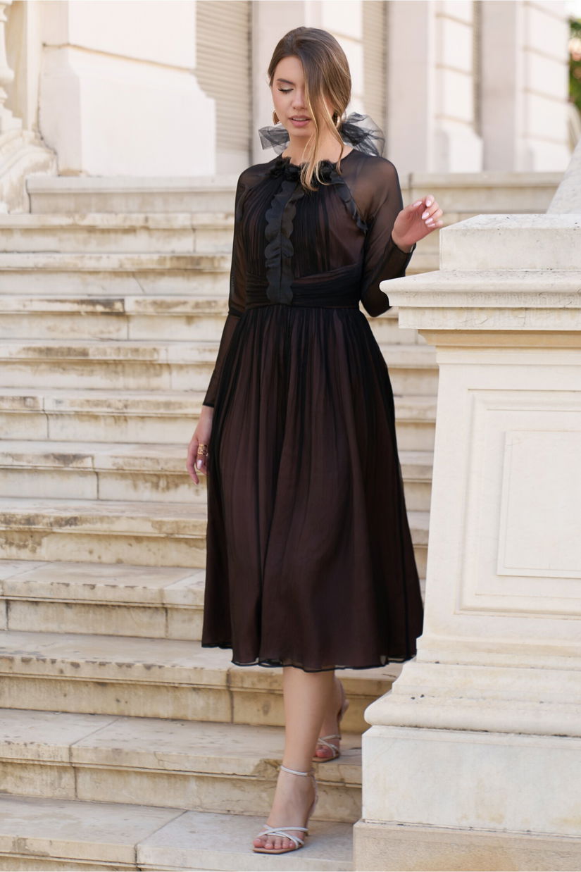 Rochie Leonard Collection din matase naturala neagra cu dublura bej si volanas pe bust